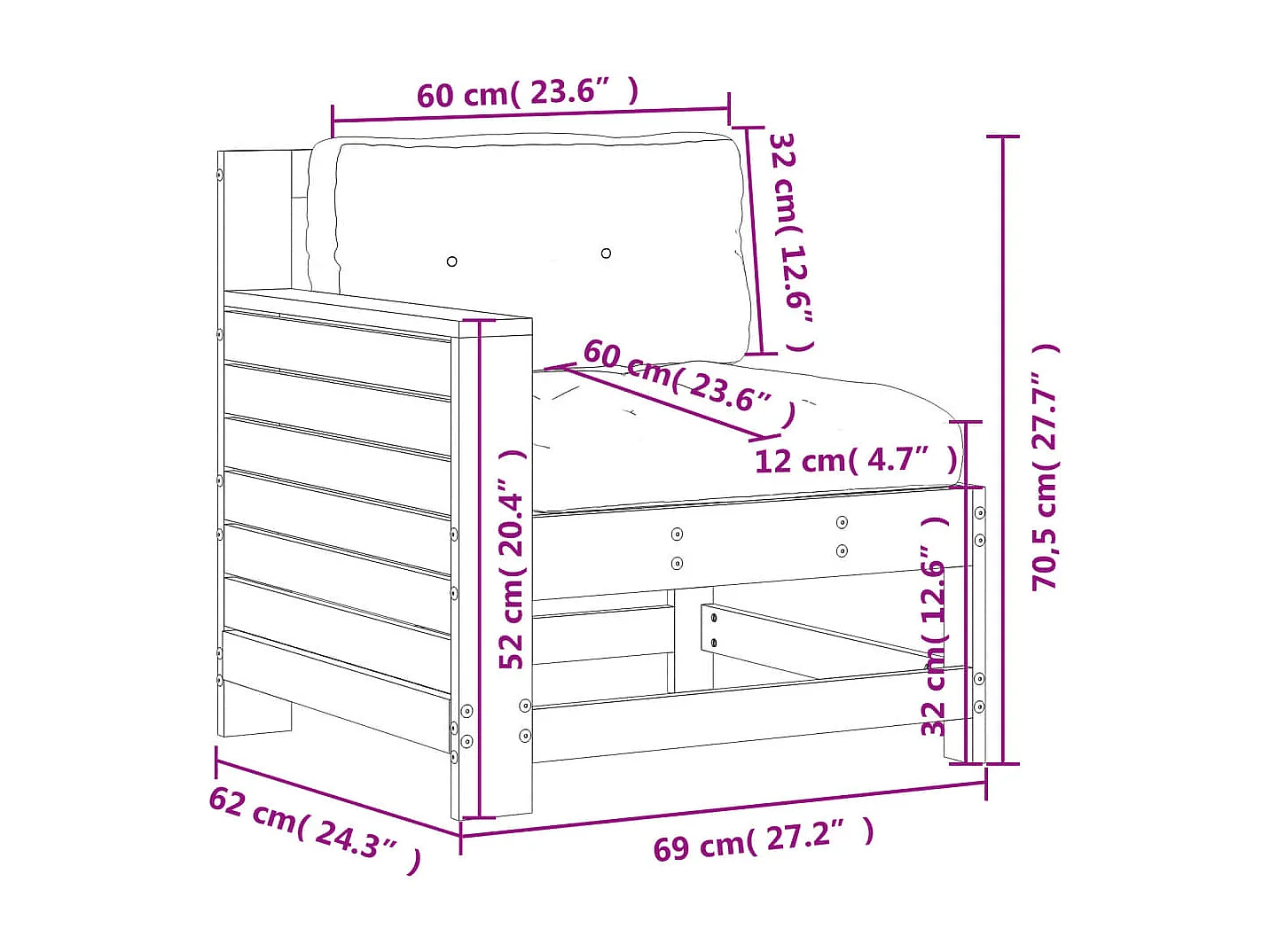 Canapé de jardin accoudoir avec coussin blanc bois massif pin