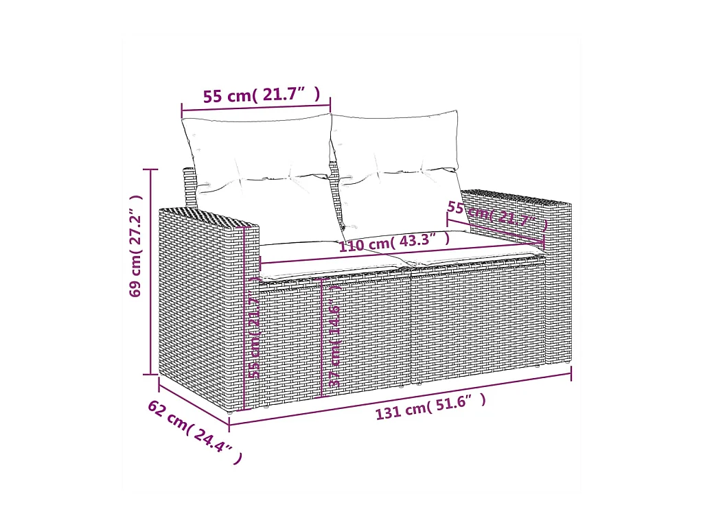 Tuinbank 2-zits met kussens poly rattan bruin