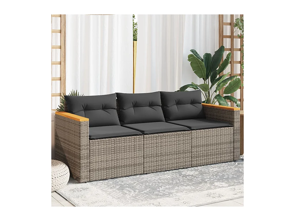 Divano da Giardino con Cuscini 3 Posti Grigio in Polyrattan
