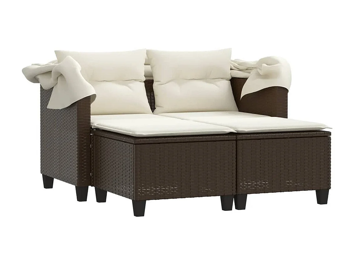 Gartensofa 2-Sitzer mit Dach und Hockern Braun Poly Rattan