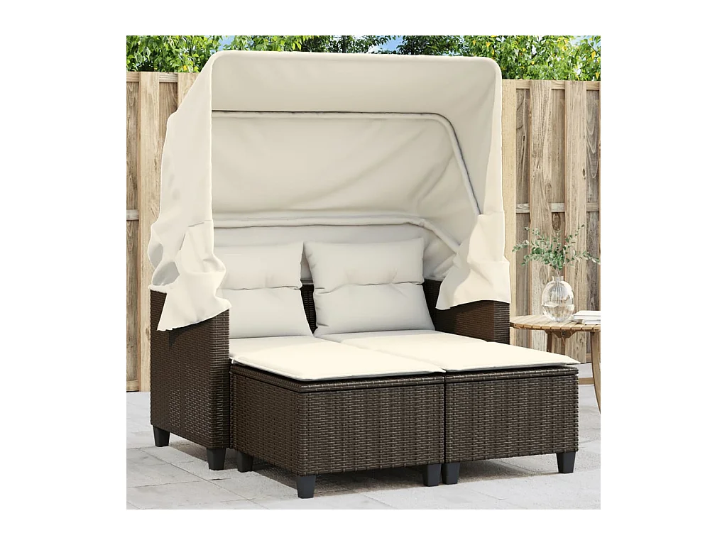 Gartensofa 2-Sitzer mit Dach und Hockern Braun Poly Rattan