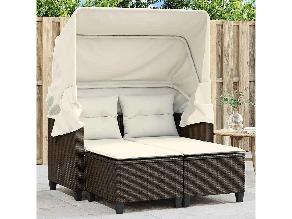 Tuinbank 2-zits met luifel en voetenbanken poly rattan bruin