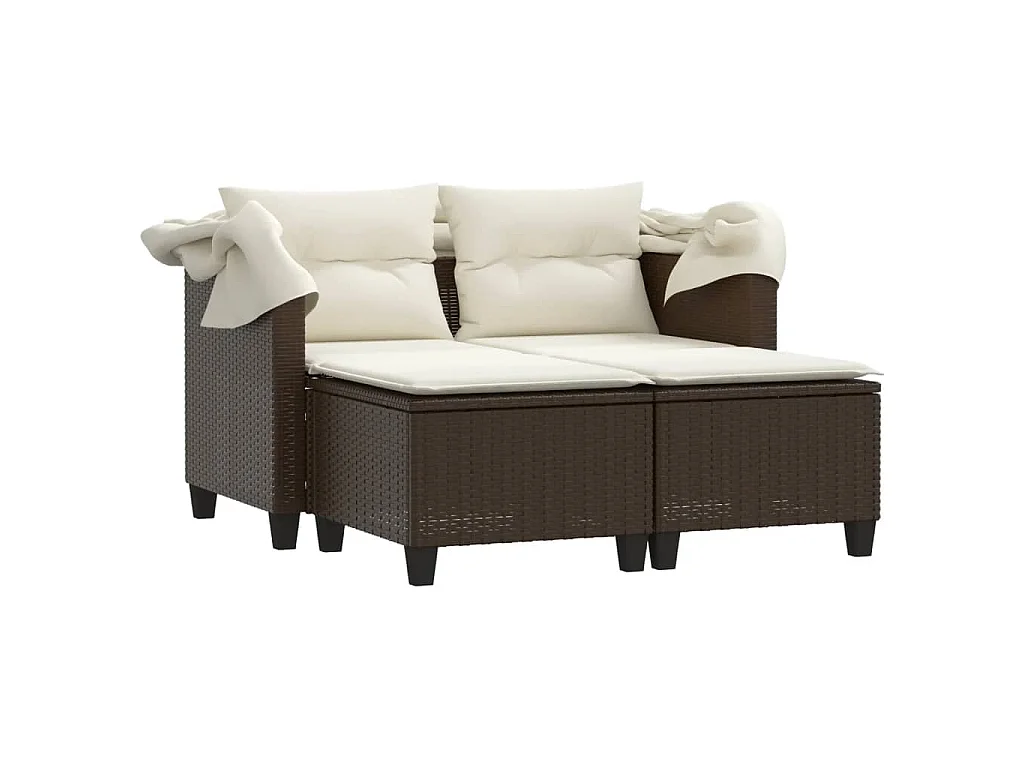 Gartensofa 2-Sitzer mit Dach und Hockern Braun Poly Rattan