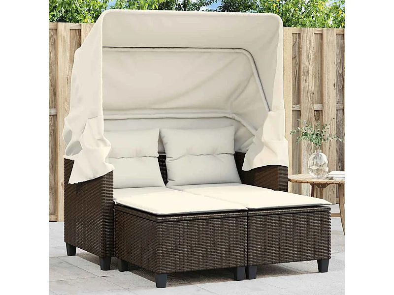 Divano Giardino 2 Posti Baldacchino Sgabelli Marrone Polyrattan