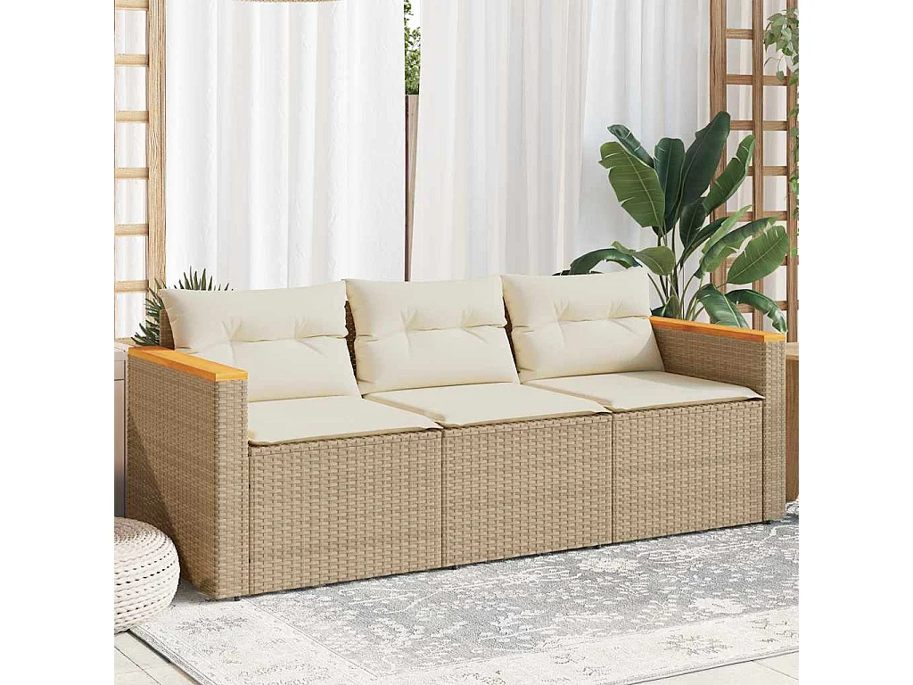 Canapé de jardin avec coussins 3 places beige résine tressée