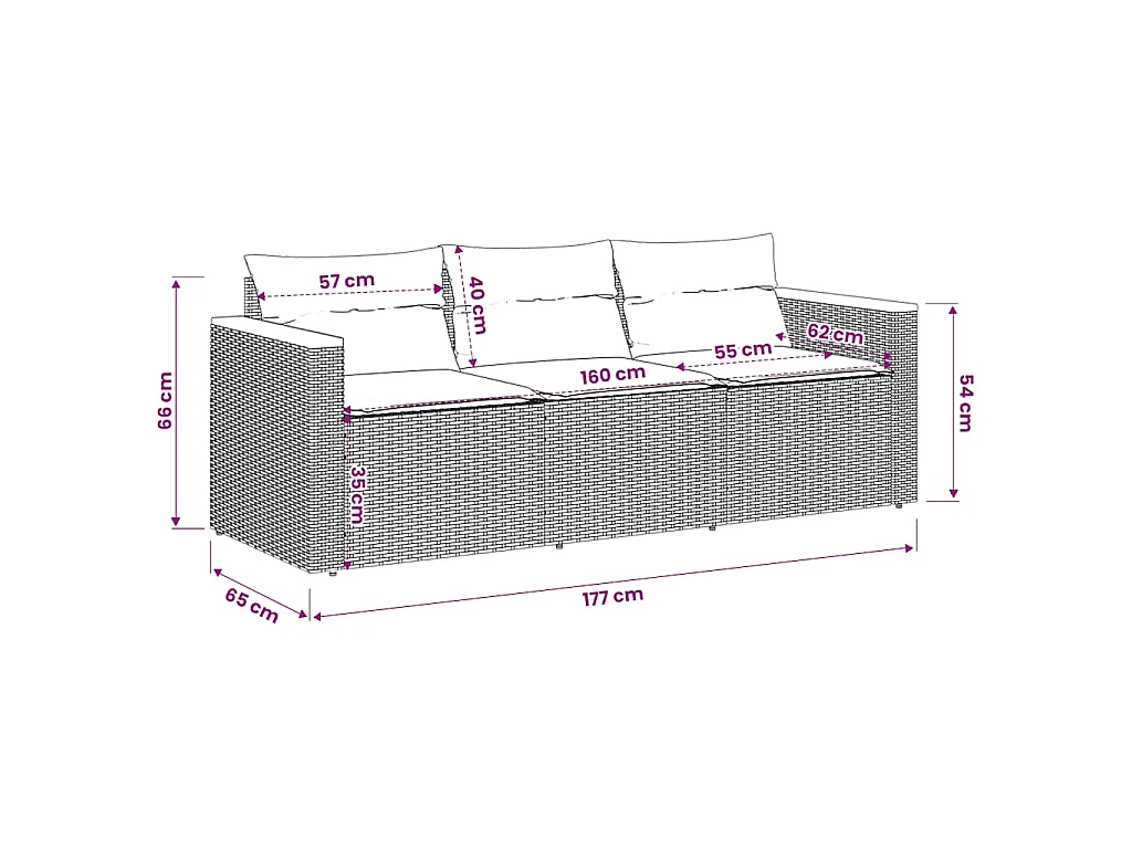 Canapé de jardin avec coussins 3 places beige résine tressée