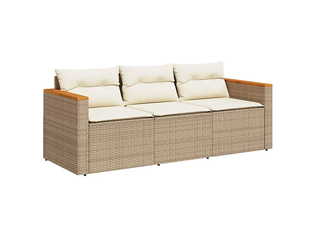 Tuinbank 3-zits met kussens poly rattan beige
