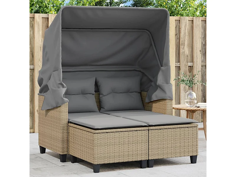 Gartensofa 2-Sitzer mit Dach und Hockern Beige Poly Rattan