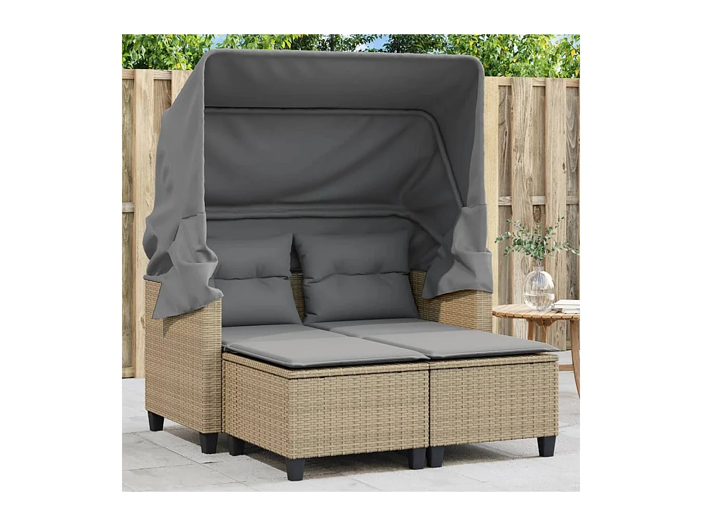Canapé de jardin 2 places avec auvent et tabourets beige rotin