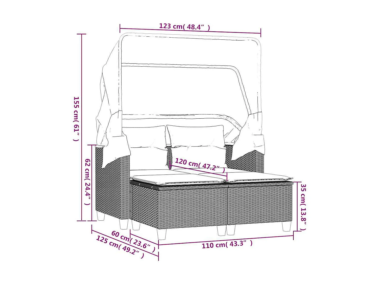 Gartensofa 2-Sitzer mit Dach und Hockern Beige Poly Rattan