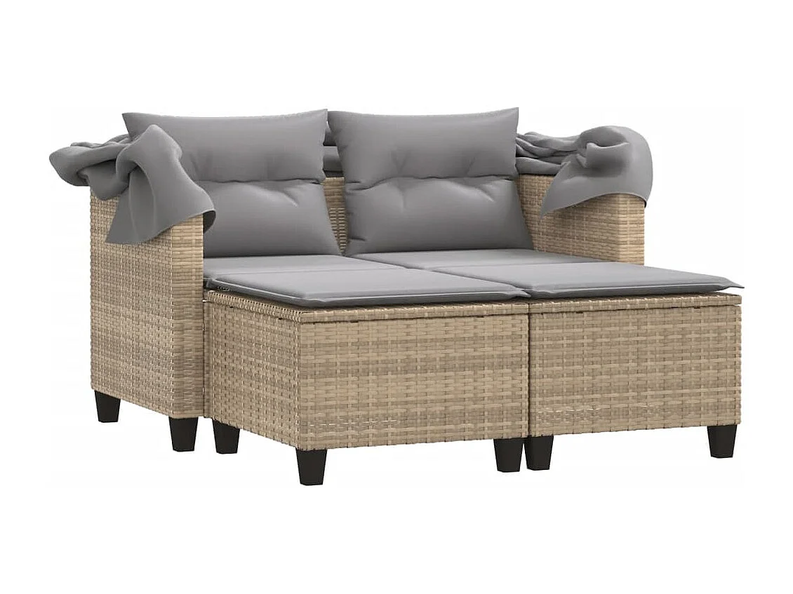 Gartensofa 2-Sitzer mit Dach und Hockern Beige Poly Rattan