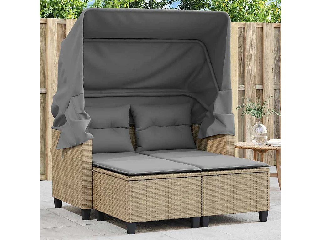 Tuinbank 2-zits met luifel en voetenbanken poly rattan beige