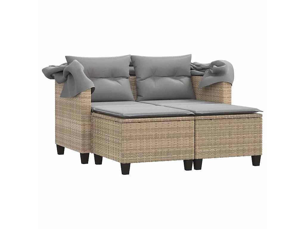 Canapé de jardin 2 places avec auvent et tabourets beige rotin