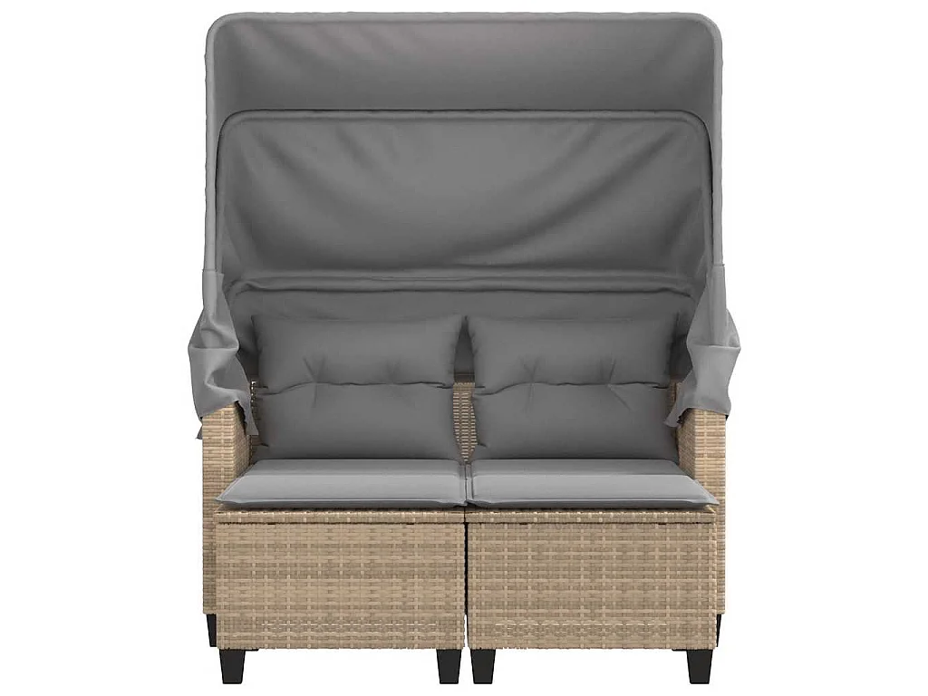 Canapé de jardin 2 places avec auvent et tabourets beige rotin