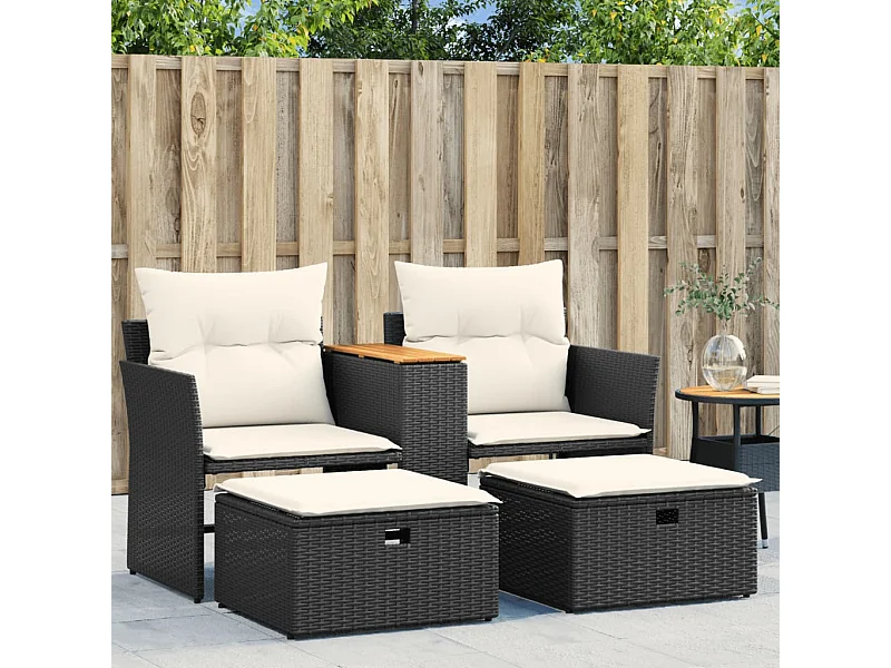 Divano da Giardino 2 Posti con Sgabelli Nero in Polyrattan