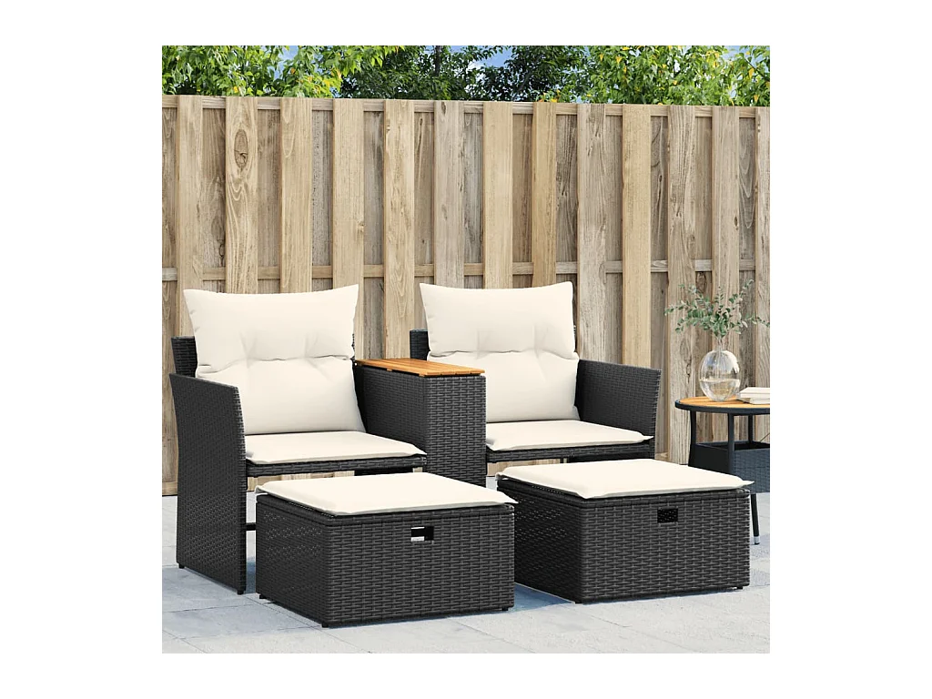 Divano da Giardino 2 Posti con Sgabelli Nero in Polyrattan