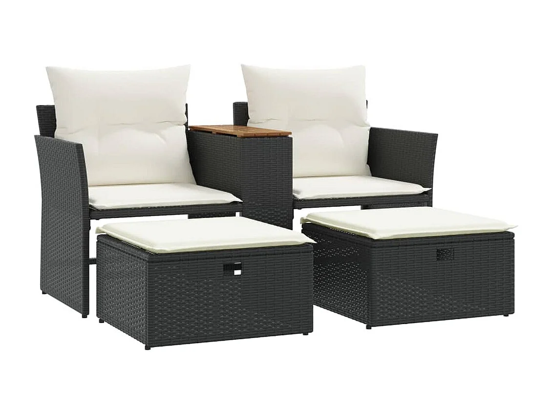 Divano da Giardino 2 Posti con Sgabelli Nero in Polyrattan