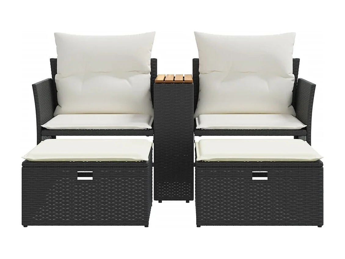 Divano da Giardino 2 Posti con Sgabelli Nero in Polyrattan