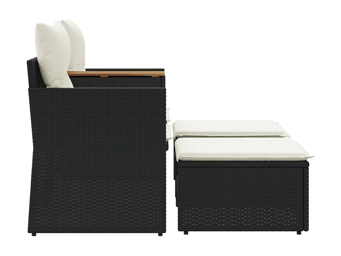 Divano da Giardino 2 Posti con Sgabelli Nero in Polyrattan