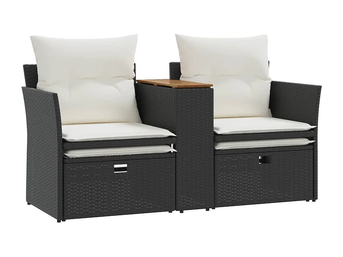 Divano da Giardino 2 Posti con Sgabelli Nero in Polyrattan