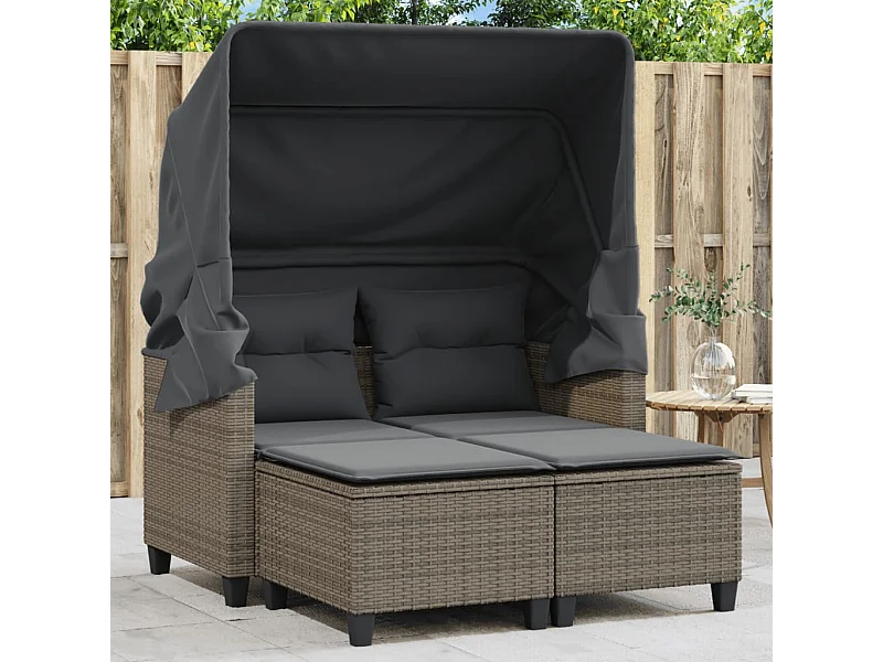 Gartensofa 2-Sitzer mit Dach und Hockern Grau Poly Rattan