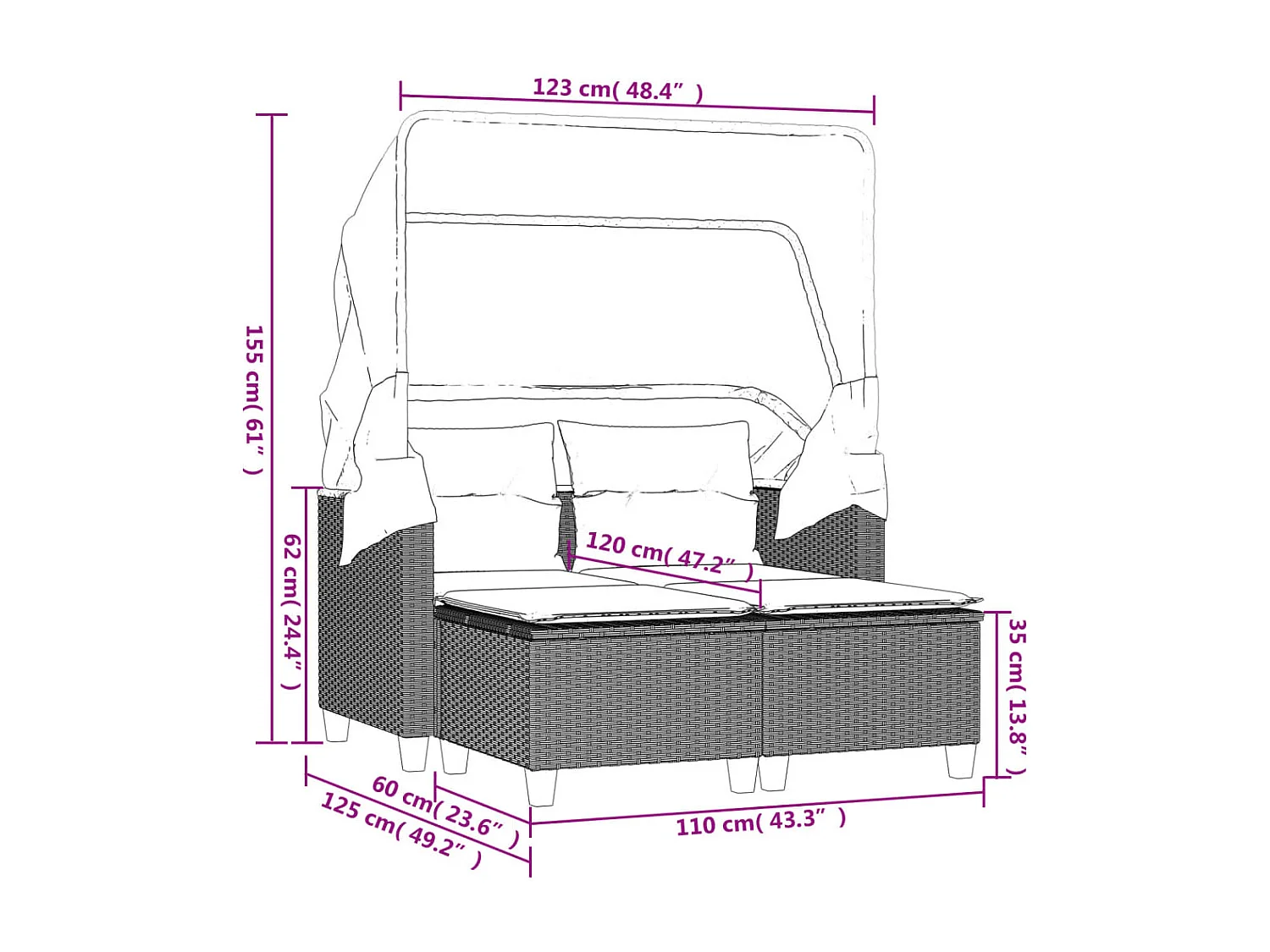 Gartensofa 2-Sitzer mit Dach und Hockern Grau Poly Rattan