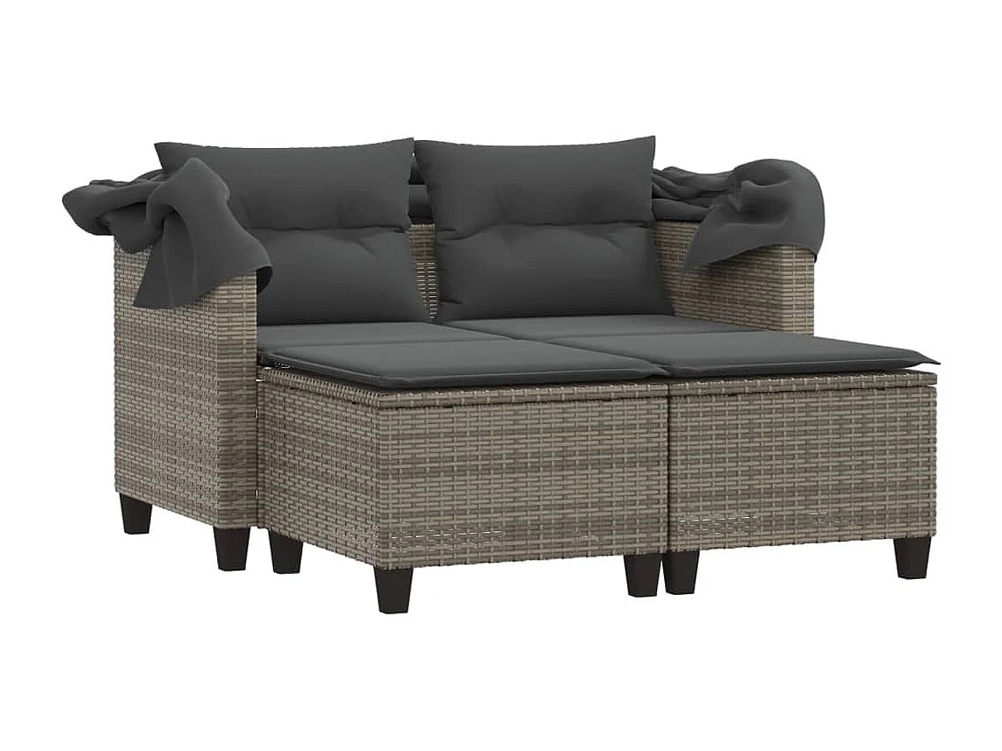 Gartensofa 2-Sitzer mit Dach und Hockern Grau Poly Rattan
