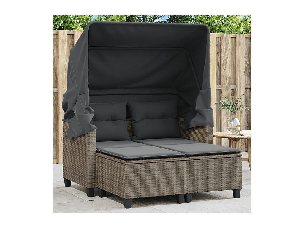 Gartensofa 2-Sitzer mit Dach und Hockern Grau Poly Rattan