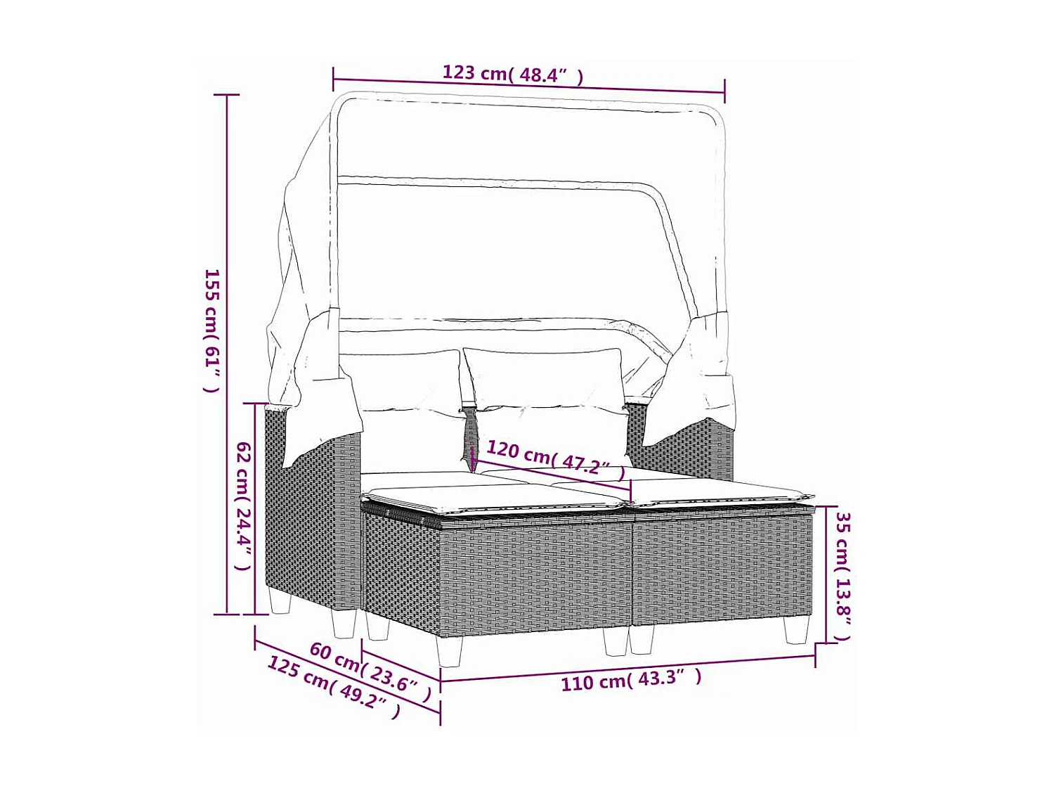 Divano Giardino 2Posti Baldacchino e Sgabelli Grigio Polyrattan