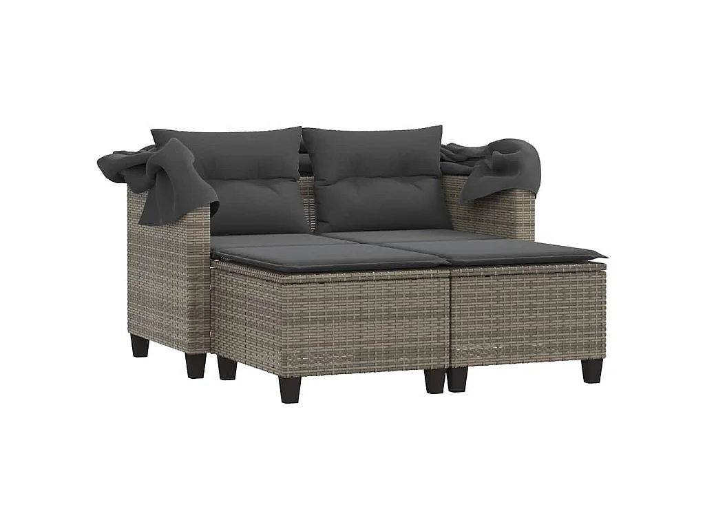 Gartensofa 2-Sitzer mit Dach und Hockern Grau Poly Rattan