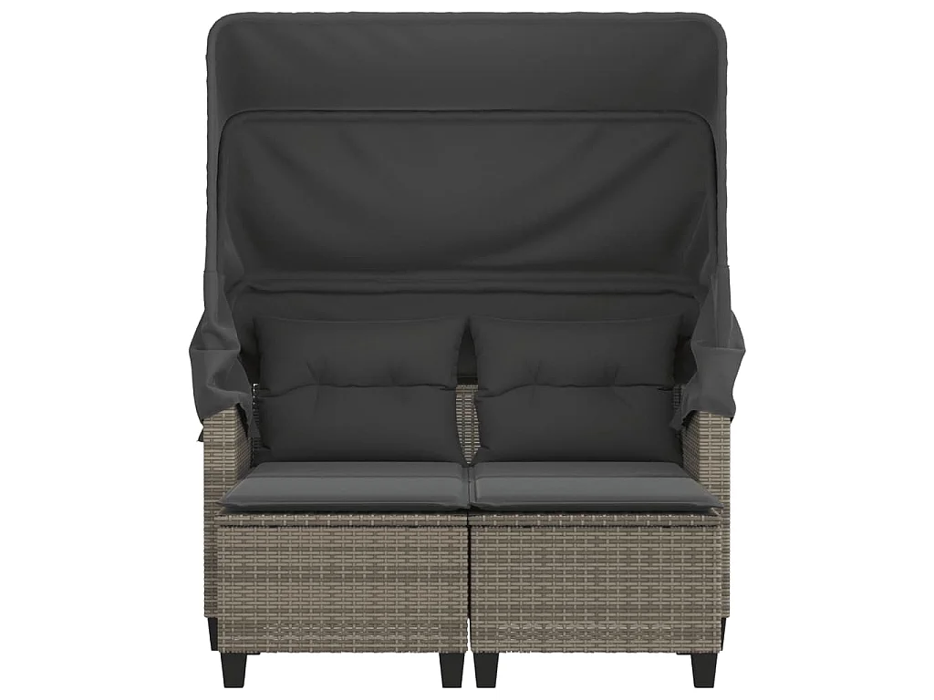 Gartensofa 2-Sitzer mit Dach und Hockern Grau Poly Rattan