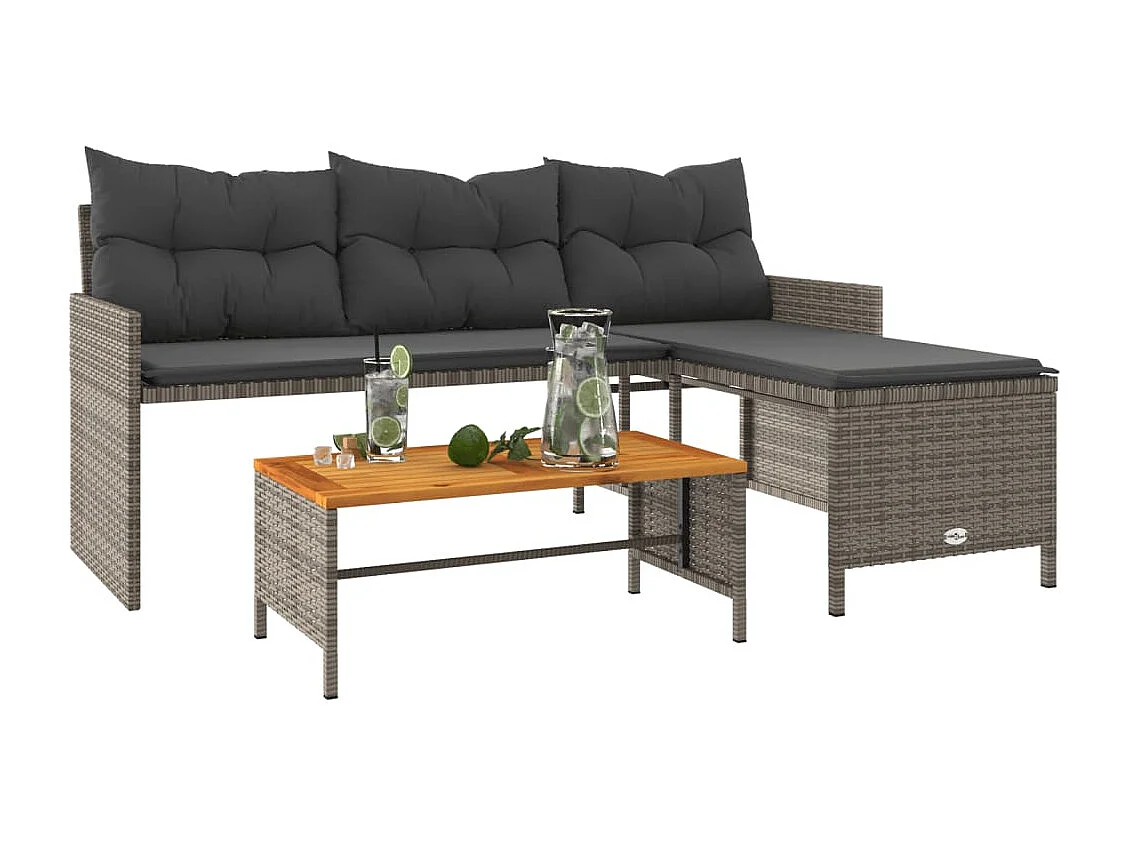 Tuinbank met tafel en kussens L-vormig poly rattan grijs