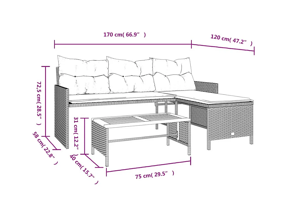 Canapé de jardin avec table et coussins en forme de L gris