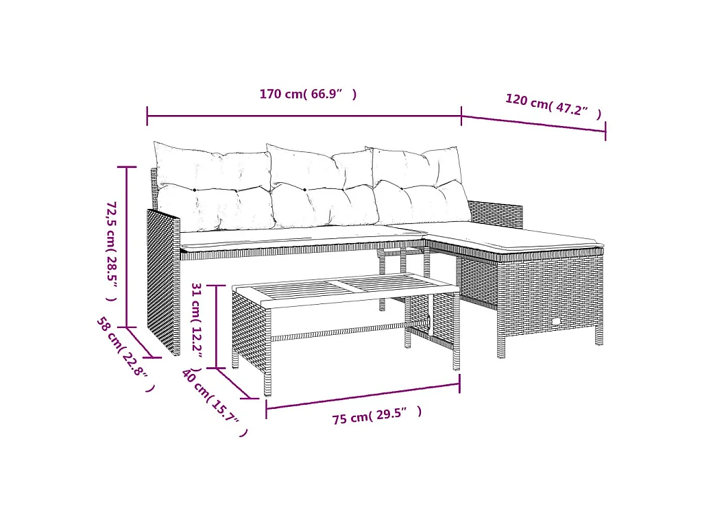 Gartensofa in L-Form mit Tisch und Kissen Grau Poly Rattan