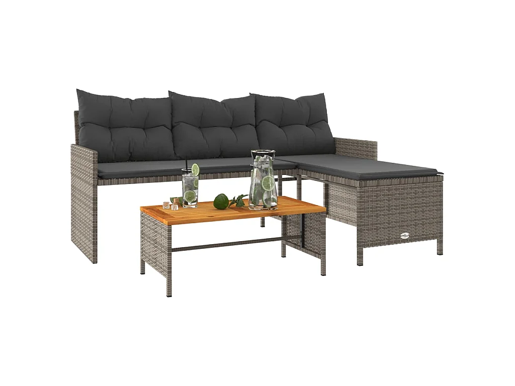 Gartensofa in L-Form mit Tisch und Kissen Grau Poly Rattan
