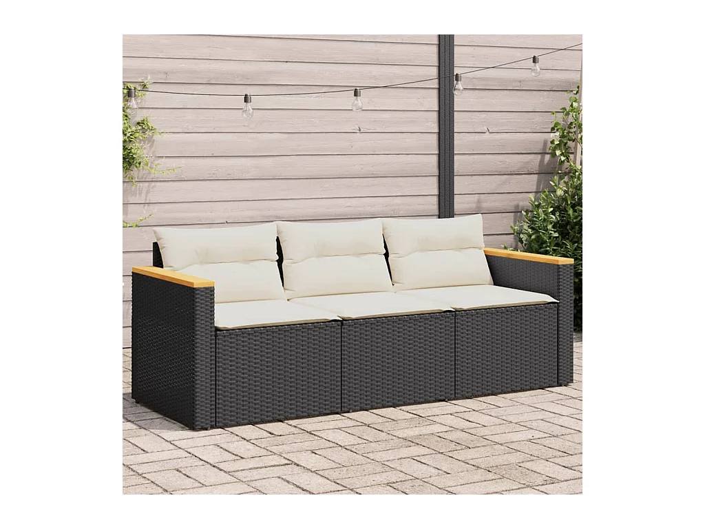 Gartensofa mit Kissen 3-Sitzer Schwarz Poly Rattan