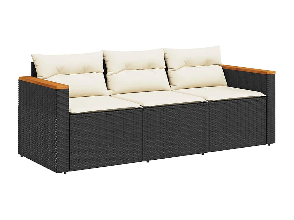 Tuinbank 3-zits met kussens poly rattan zwart