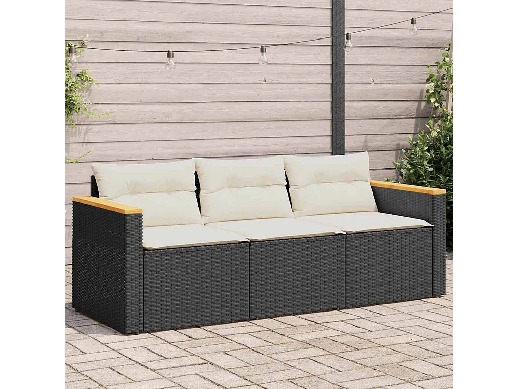 Tuinbank 3-zits met kussens poly rattan zwart