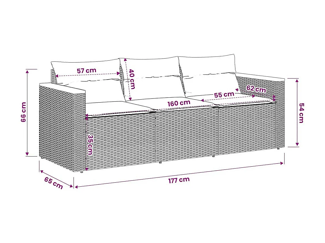 Tuinbank 3-zits met kussens poly rattan zwart