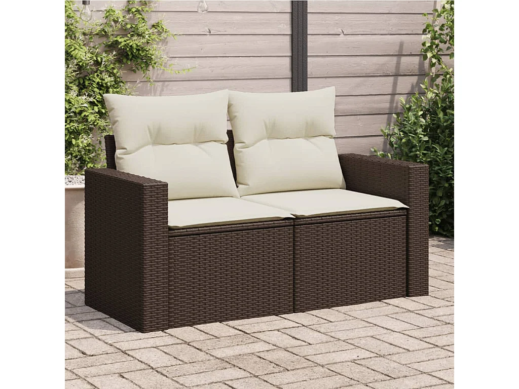 Gartensofa mit Kissen 2-Sitzer Braun Poly Rattan
