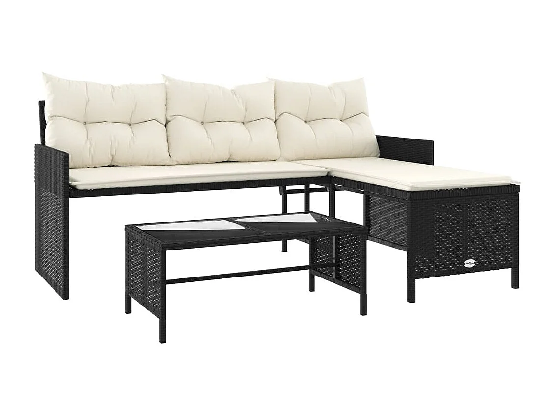 Tuinbank met tafel en kussens L-vormig poly rattan zwart