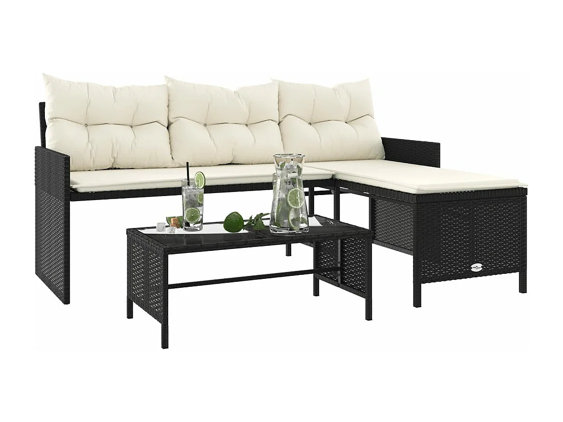 Tuinbank met tafel en kussens L-vormig poly rattan zwart