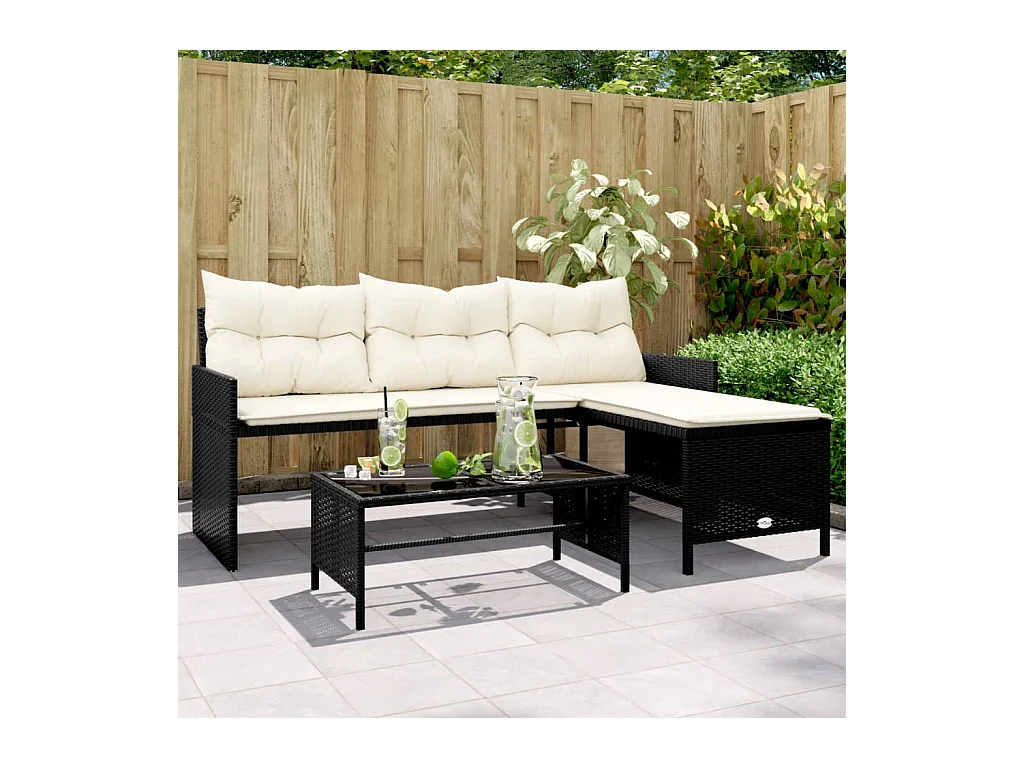 Canapé de jardin avec table et coussins en forme de L noir