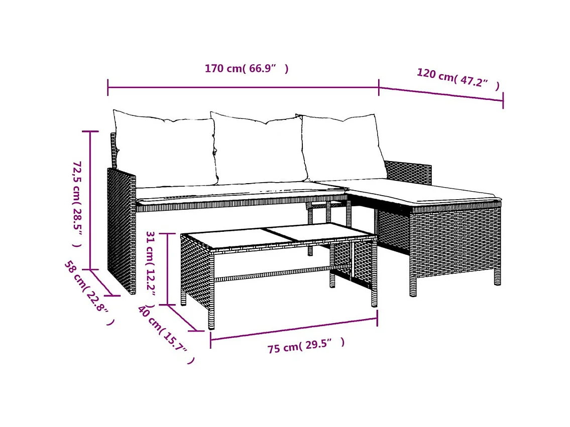 Canapé de jardin avec table et coussins en forme de L noir