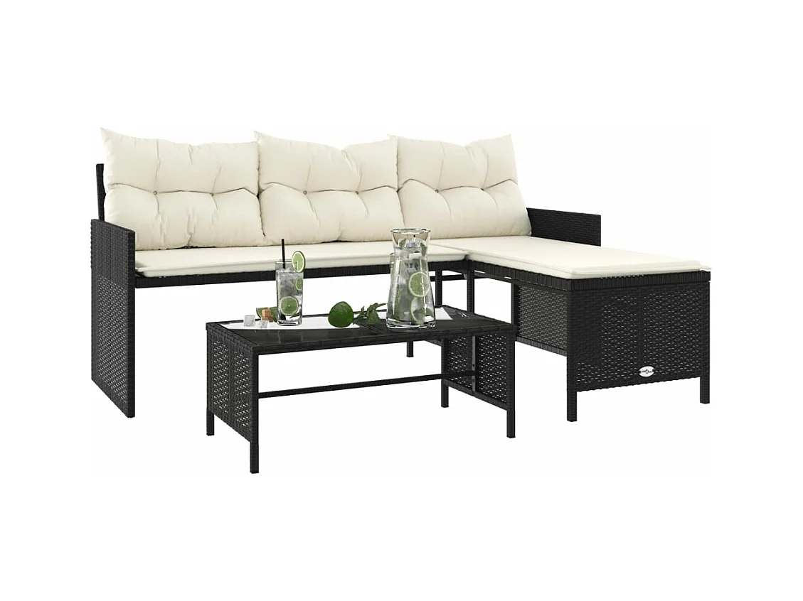 Canapé de jardin avec table et coussins en forme de L noir