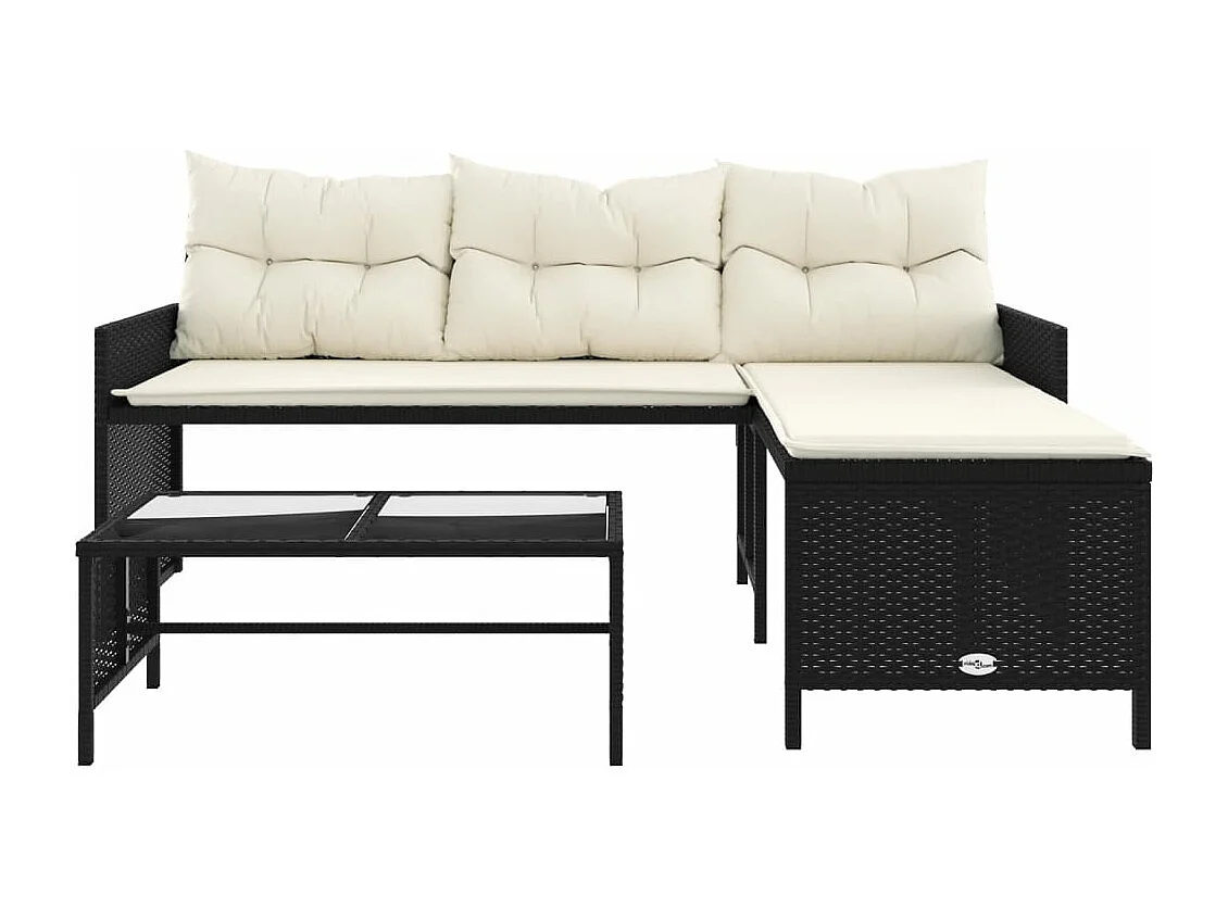 Gartensofa in L-Form mit Tisch und Kissen Schwarz Poly Rattan