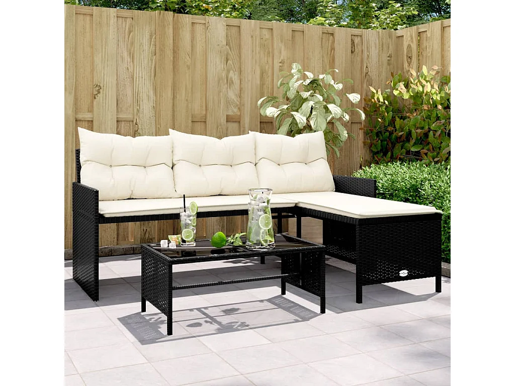 Tuinbank met tafel en kussens L-vormig poly rattan zwart