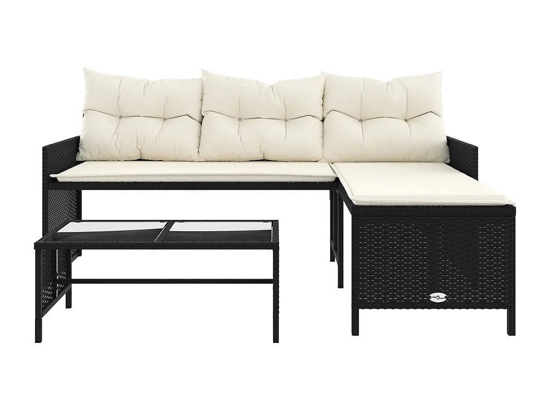 Tuinbank met tafel en kussens L-vormig poly rattan zwart