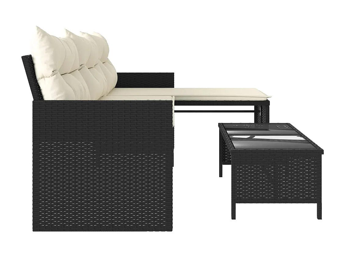 Tuinbank met tafel en kussens L-vormig poly rattan zwart