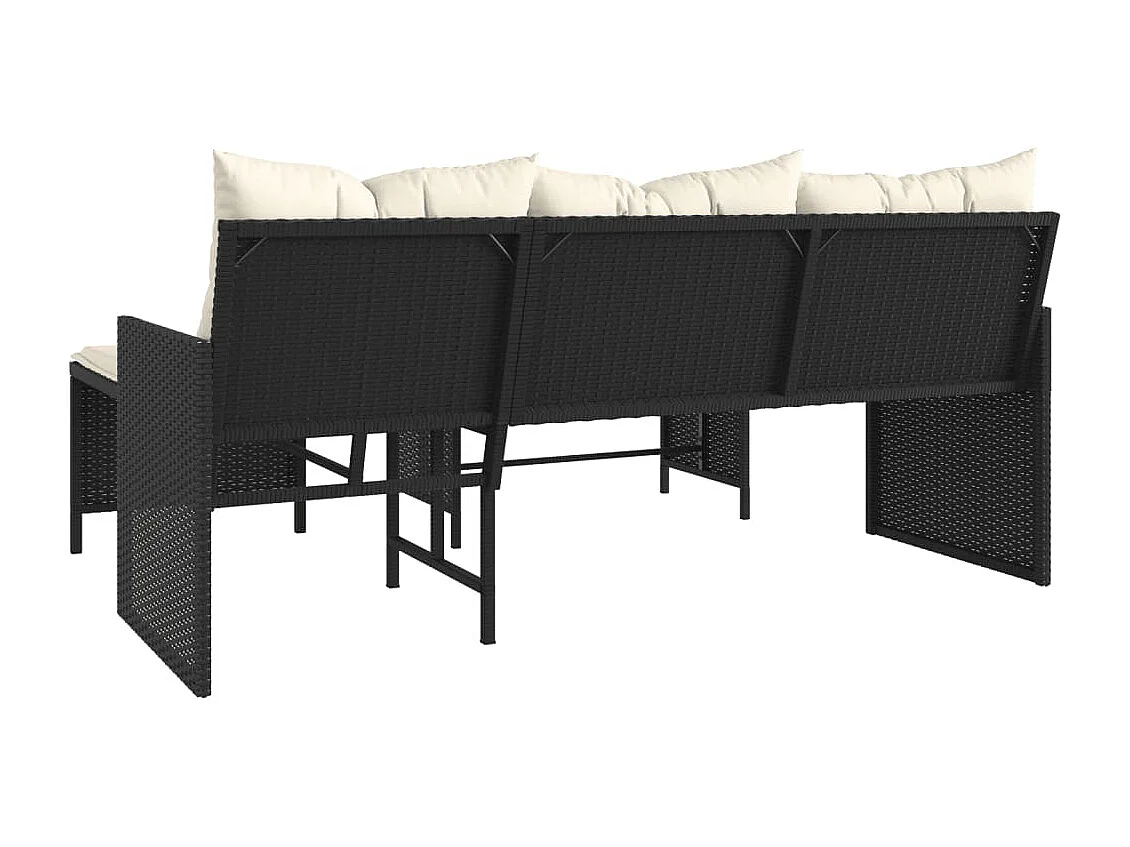 Tuinbank met tafel en kussens L-vormig poly rattan zwart